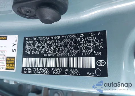 2017 Toyota Prius Two z USA, uszkodzony, nr VIN JTDKBRFU9H3031209